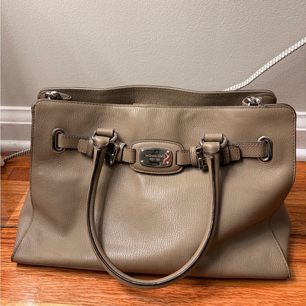 Michael Kors Hamilton Pebbled Leather Tote Purse Taupe Silver Hardware Large